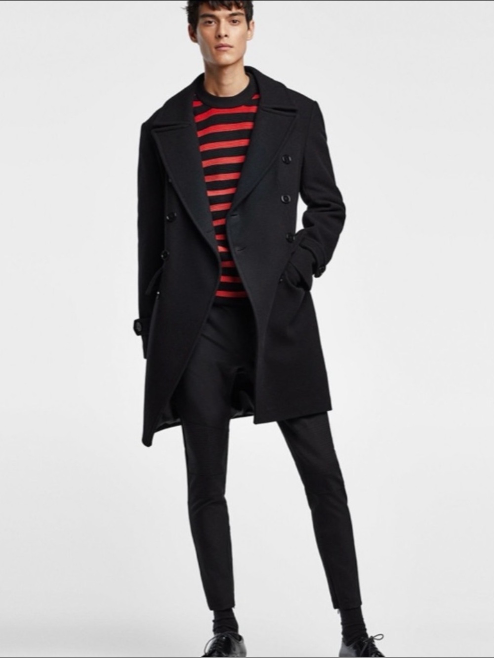 Zara Black Double-Breasted Pea Coat with Notch Lapels